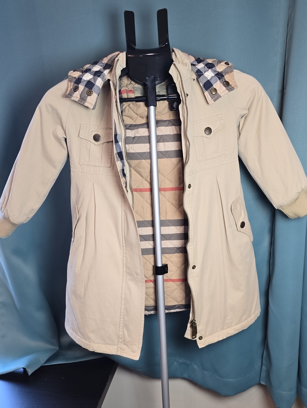 Burberry Beige Kids Hooded Coat with Check Lining 4y